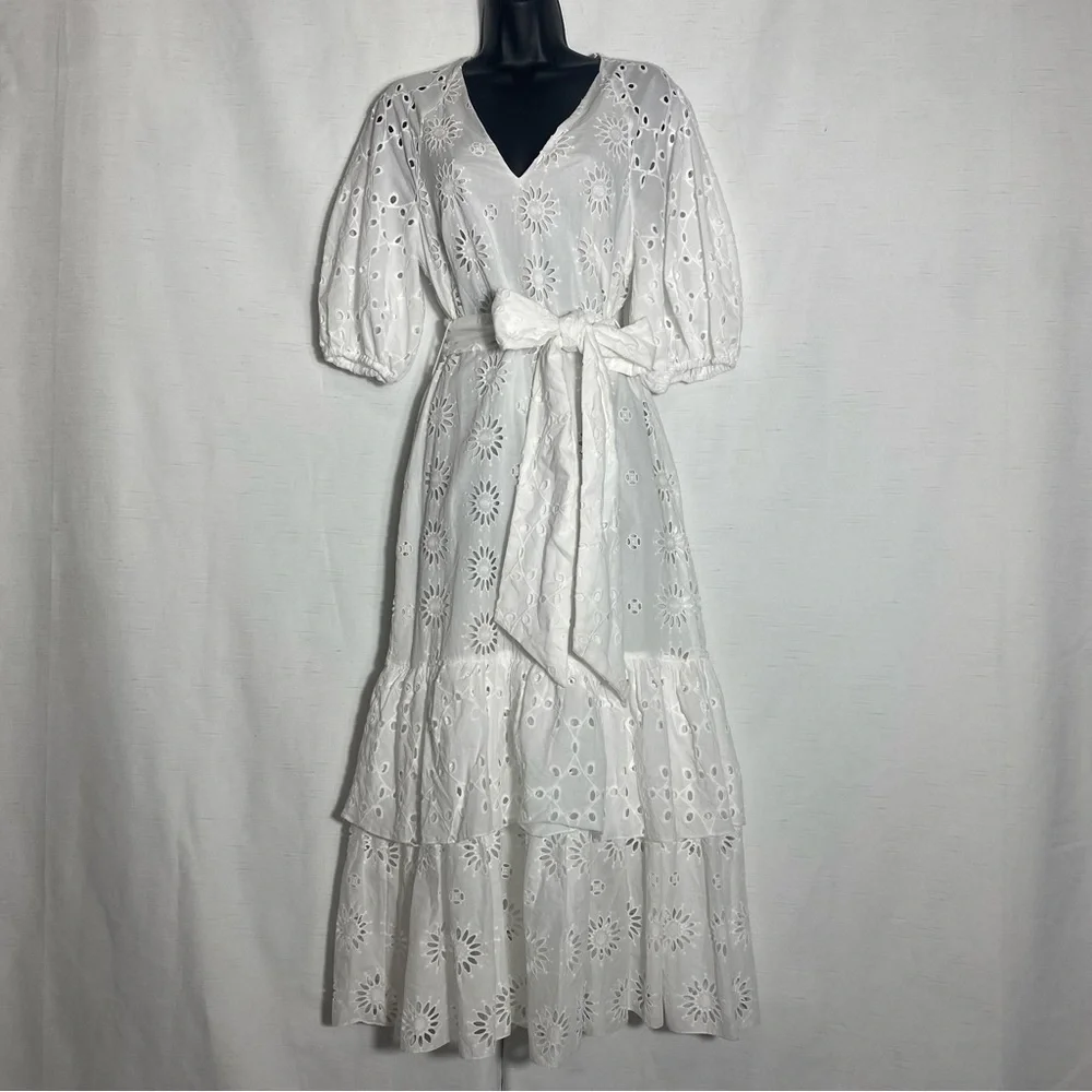 ZARA BELTED EMBROIDERED MIDI DRESS OYSTER WHITE SIZE S - Picture 7 of 15